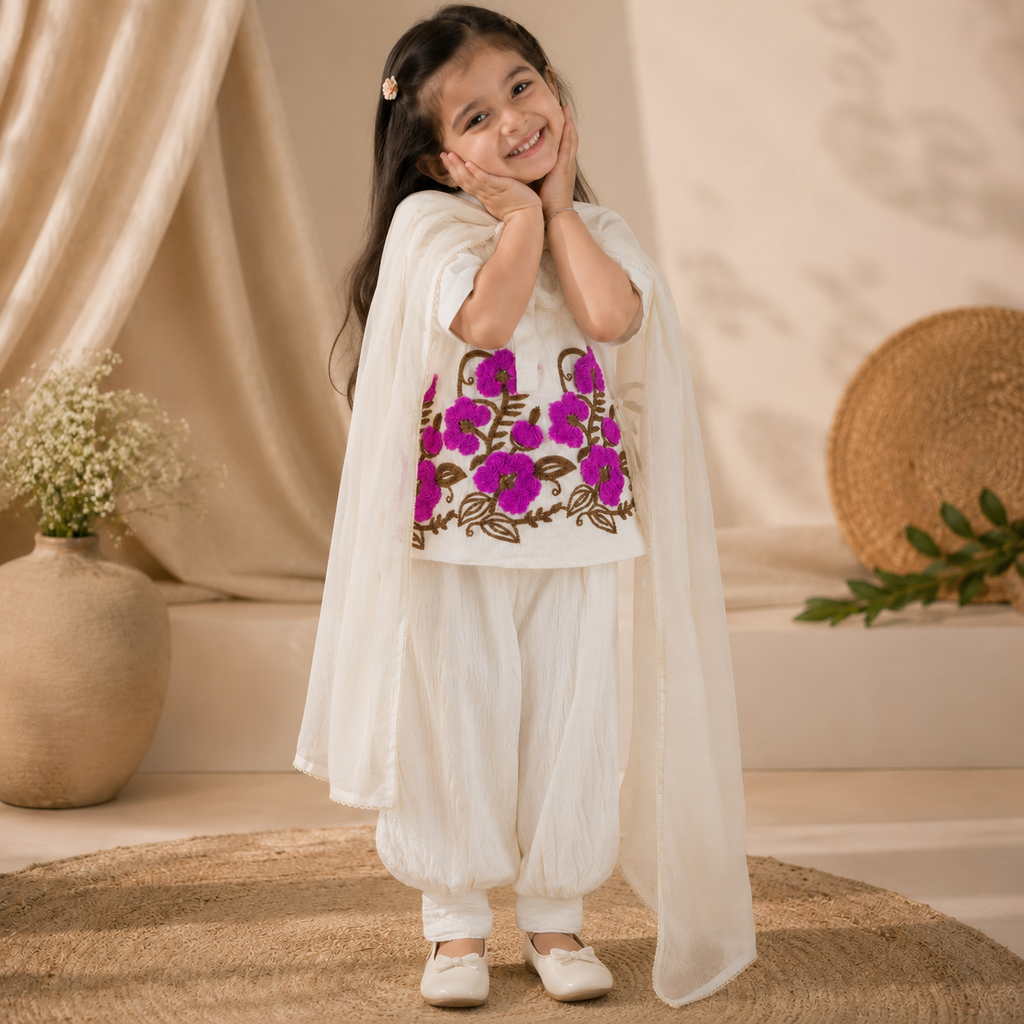 Girls Floral Embroidered Kurti Dhoti Set