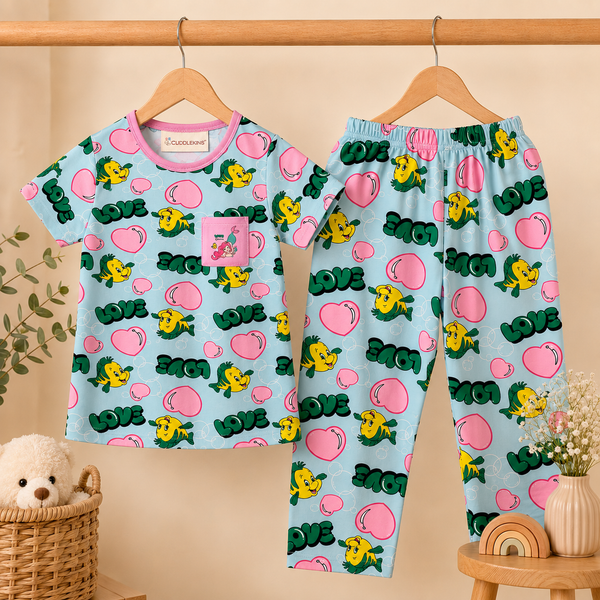 Kids Sky Blue Printed Cotton T-Shirt & Lounge Pants Co-ord Set