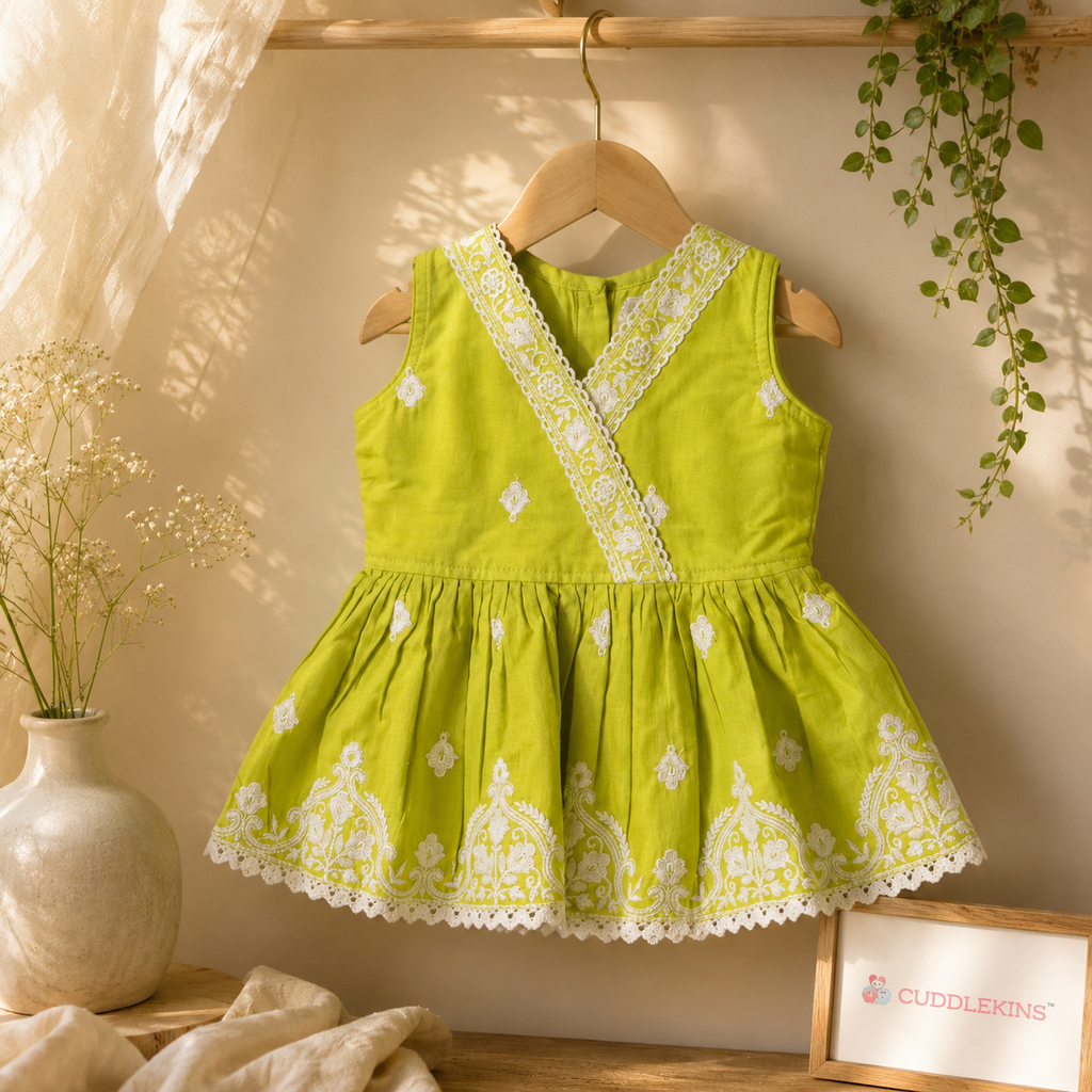 Girls Lime Green Embroidered Kurta Set with Dupatta