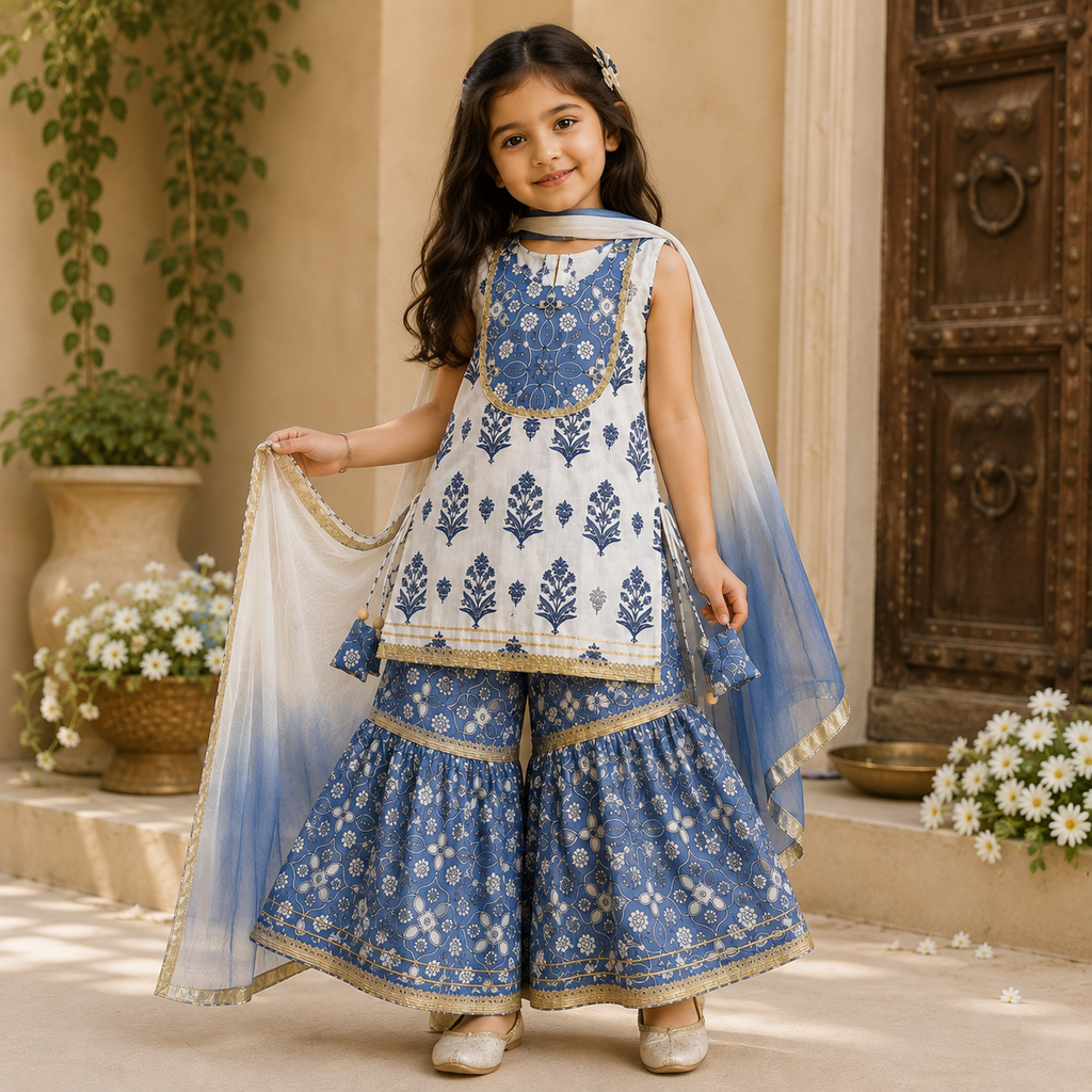 Girls Blue Floral Sharara Set with Ombre Dupatta