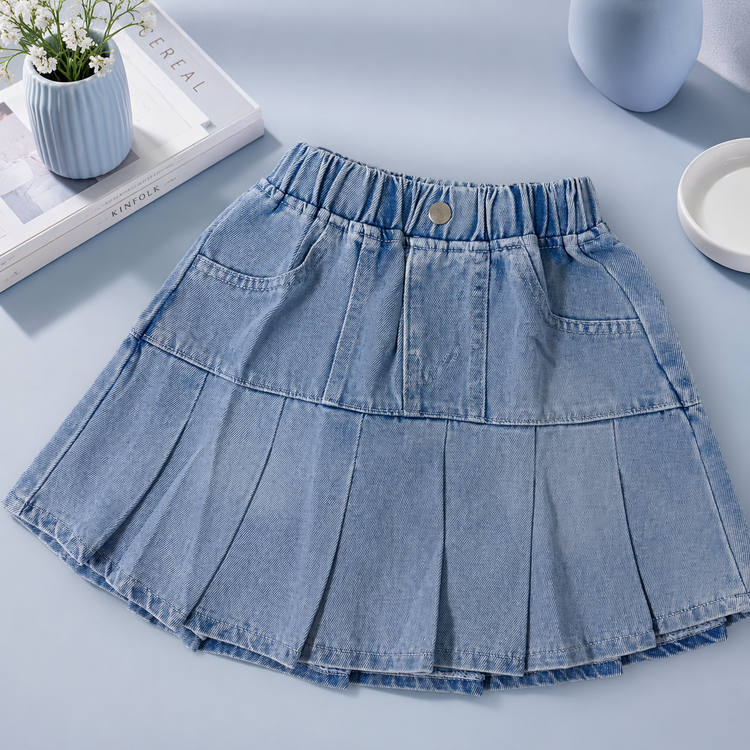 Girls Soft Denim Flared Skirt with Elastic Waist..