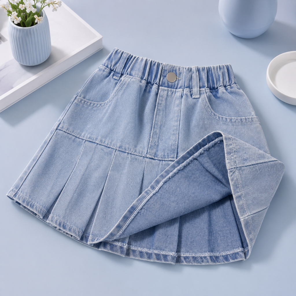 Girls Soft Denim Flared Skirt with Elastic Waist..