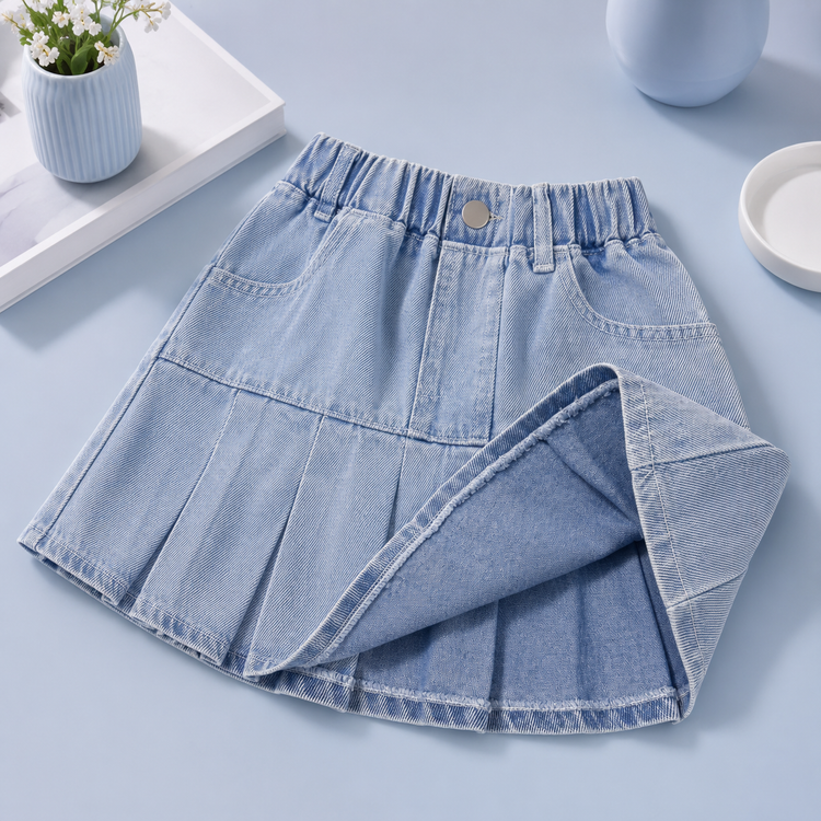 Girls Soft Denim Flared Skirt with Elastic Waist..