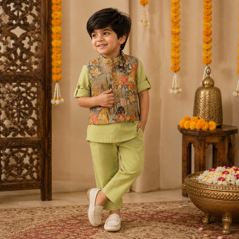Boys Royal Printed Kurta Jacket Set