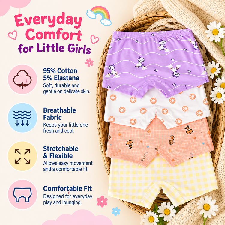 Girls Pastel Printed Boxer Underwear | Pack of 4 | Kids Innerwear