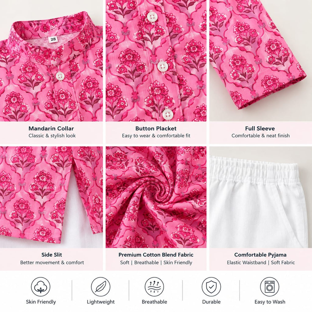 CuddleKins Boys Pink Floral Printed Ethnic Kurta with White Pants