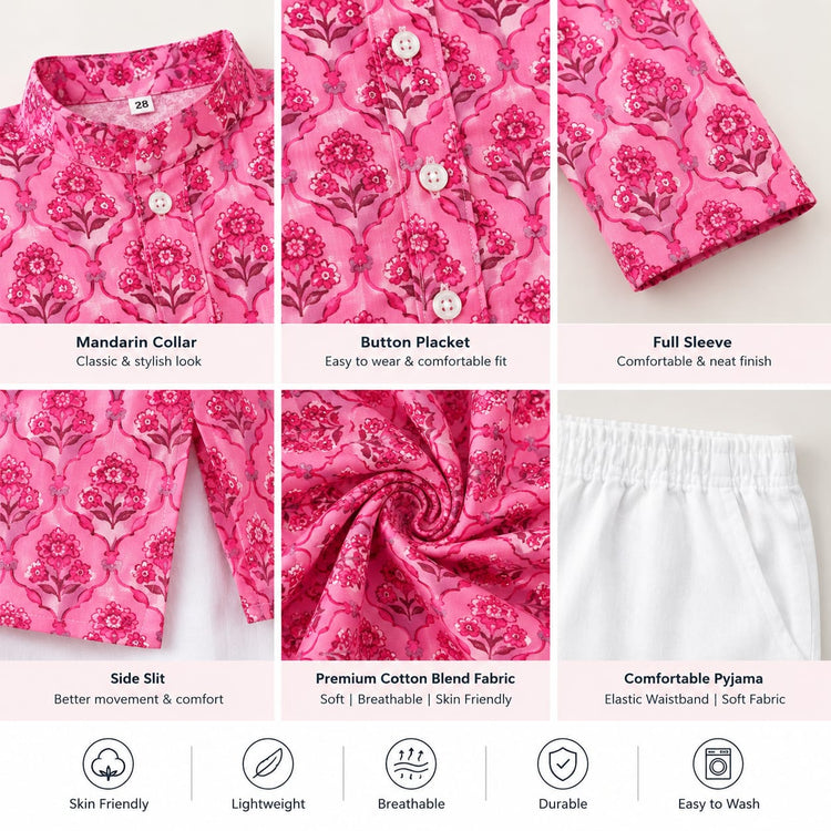CuddleKins Boys Pink Floral Printed Ethnic Kurta with White Pants