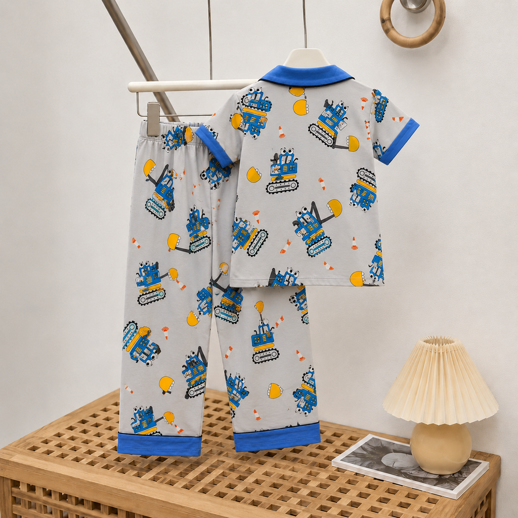 Boys Cotton Construction Vehicle Print Night Suit | Half Sleeve Shirt & Pyjama Set