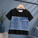 Boys Black Cotton T-Shirt with Denim Patchwork Design