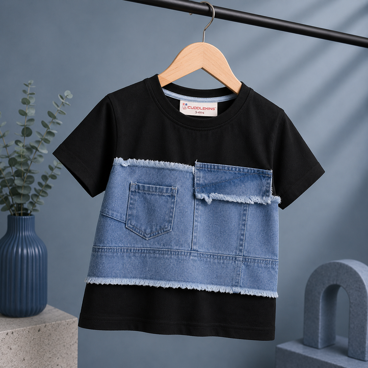 Boys Black Cotton T-Shirt with Denim Patchwork Design