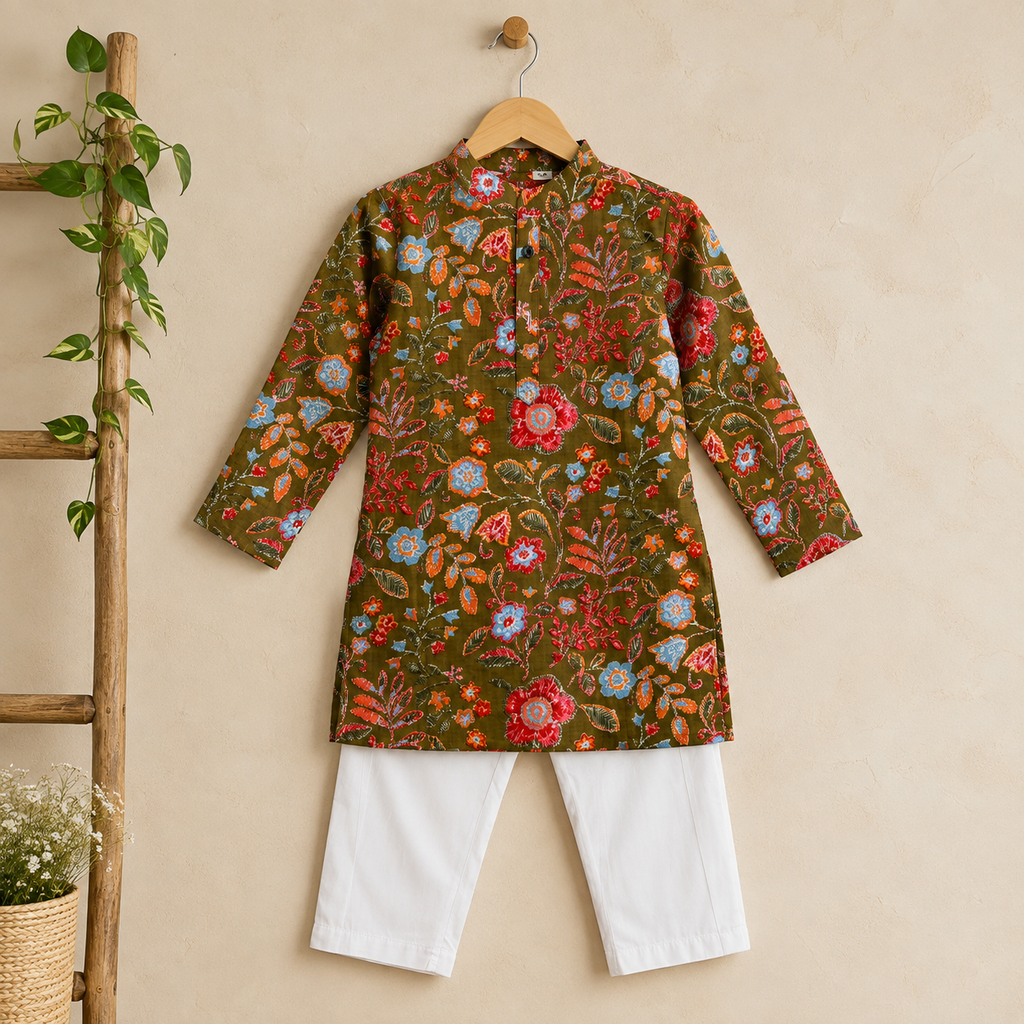 Boys Olive Green Floral Kurta Set with White Pants