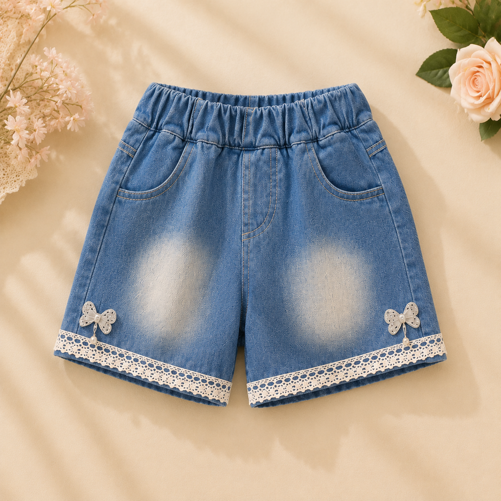 Girls Polaroid Love Cotton T-Shirt & Denim Look Shorts Co-Ord Set with Pearl Chain