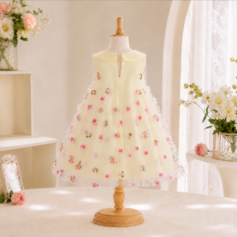 Girls 3D Floral Net Party Dress – Cream White