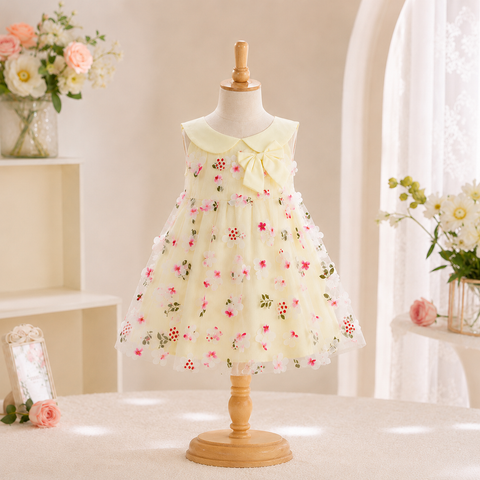 Girls 3D Floral Net Party Dress – Cream White