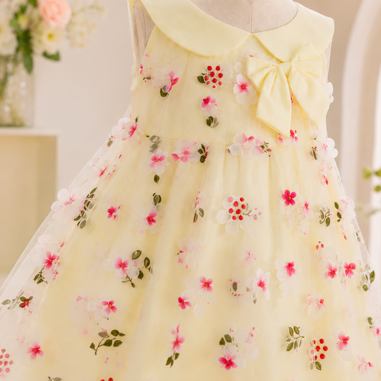 Girls 3D Floral Net Party Dress – Cream White
