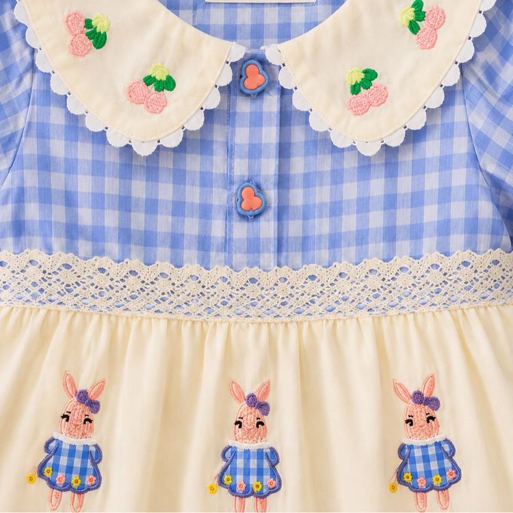 Blue Checkered Bunny Embroidery Dress