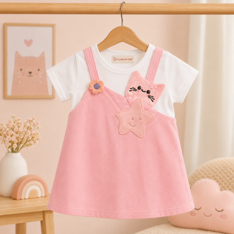 Girls Pink Kitty Layered Cotton frock