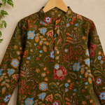 Boys Olive Green Floral Kurta Set with White Pants