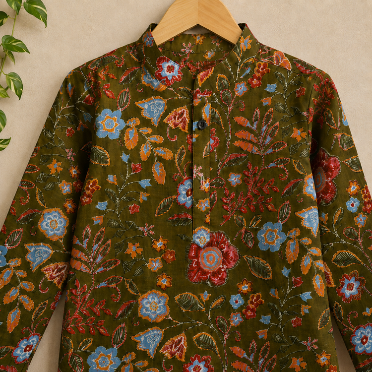 Boys Olive Green Floral Kurta Set with White Pants