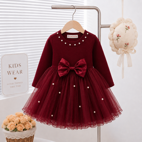 Girls Maroon Pearl Neck Party Wear Net Frock with Bow