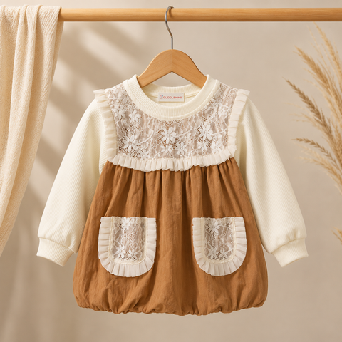 Girls Lace Detail Dress – Beige & Cream