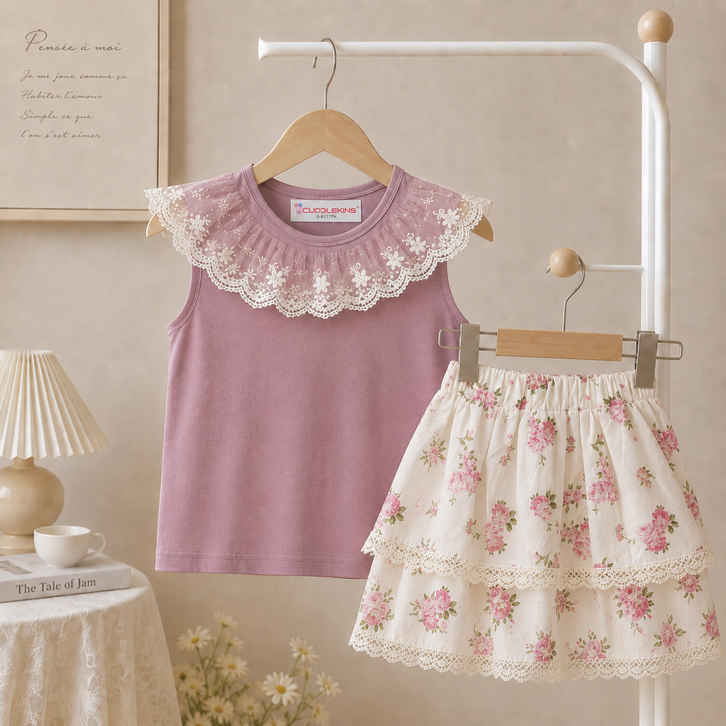 Girls Lavender Lace Ruffle Top & Floral Layered Skirt