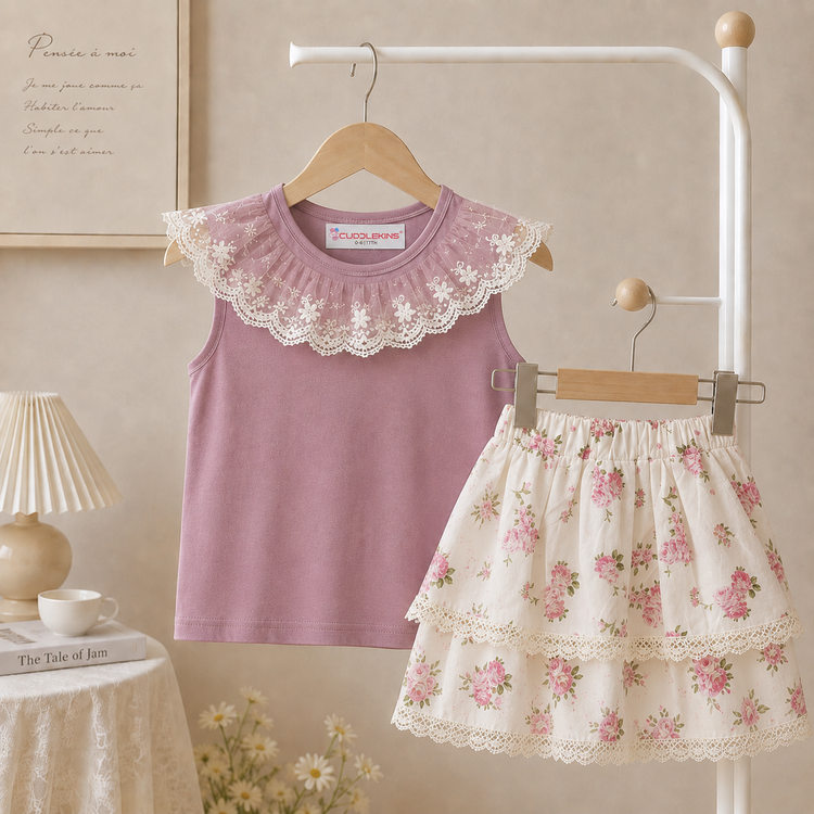Girls Lavender Lace Ruffle Top & Floral Layered Skirt