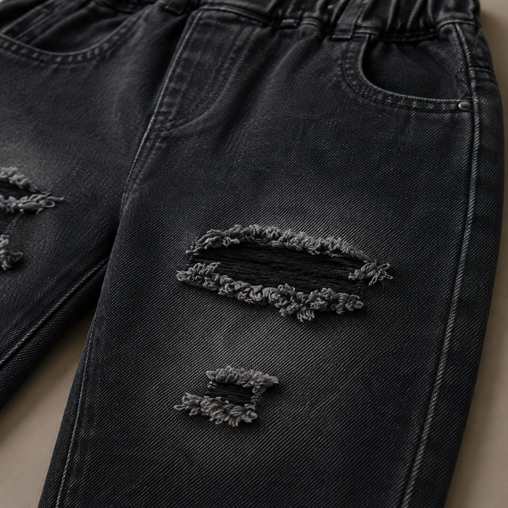 Kids Washed Black Distressed Denim Jeans with Elastic Waist