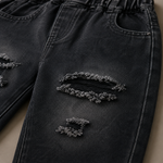 Kids Washed Black Distressed Denim Jeans with Elastic Waist