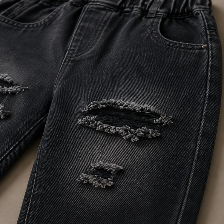 Kids Washed Black Distressed Denim Jeans with Elastic Waist