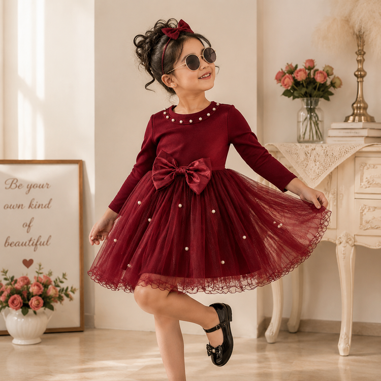 Girls Pearl Party Dress – Maroon