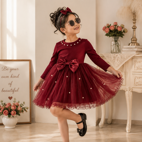 Girls Pearl Party Dress – Maroon