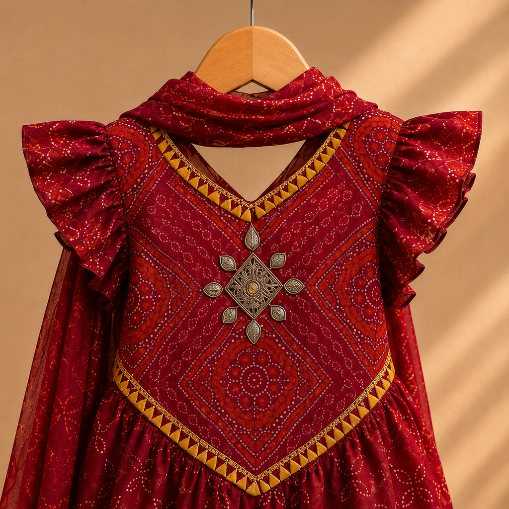Girls Maroon Bandhani Print Sharara Set with Dupatta