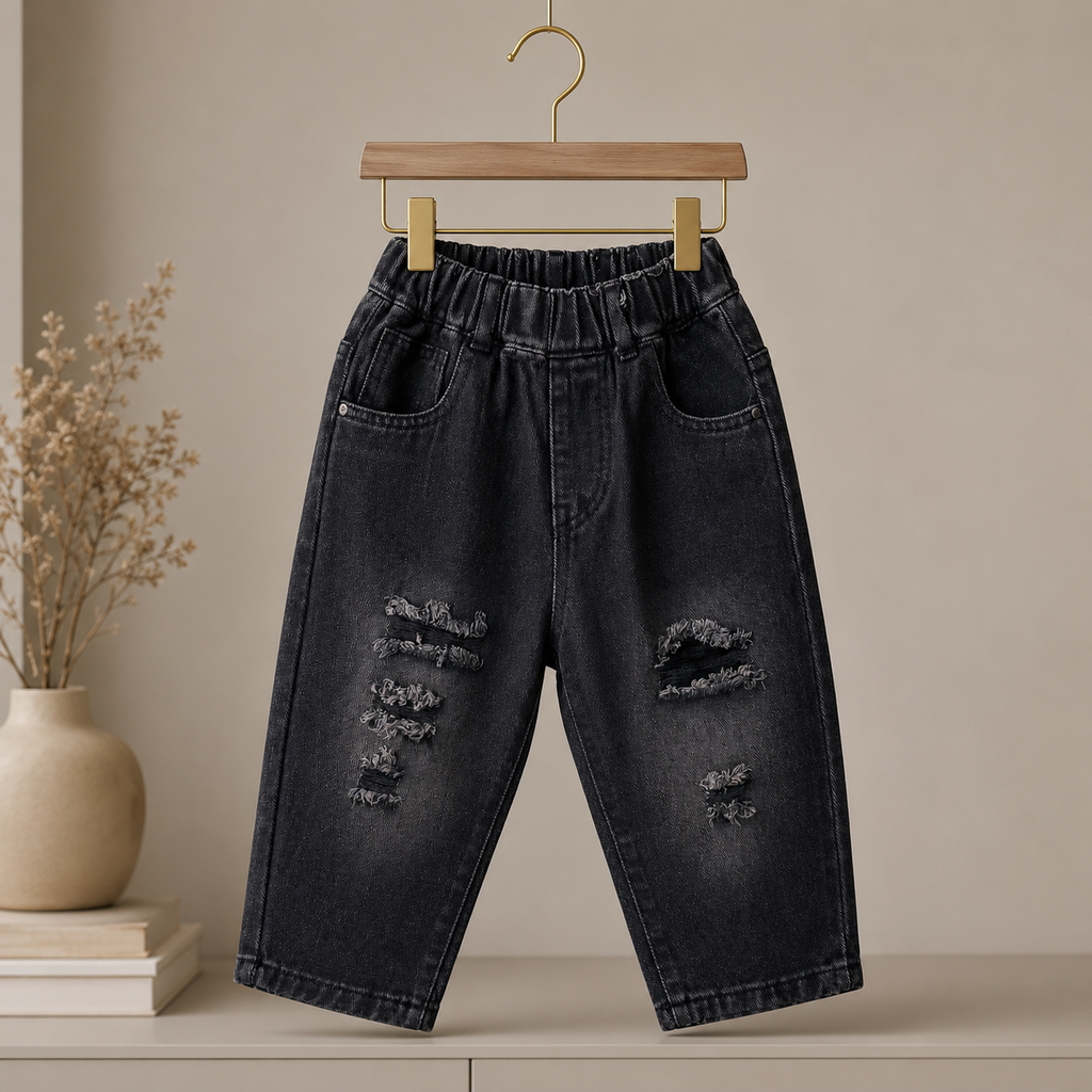 Kids Washed Black Distressed Denim Jeans with Elastic Waist