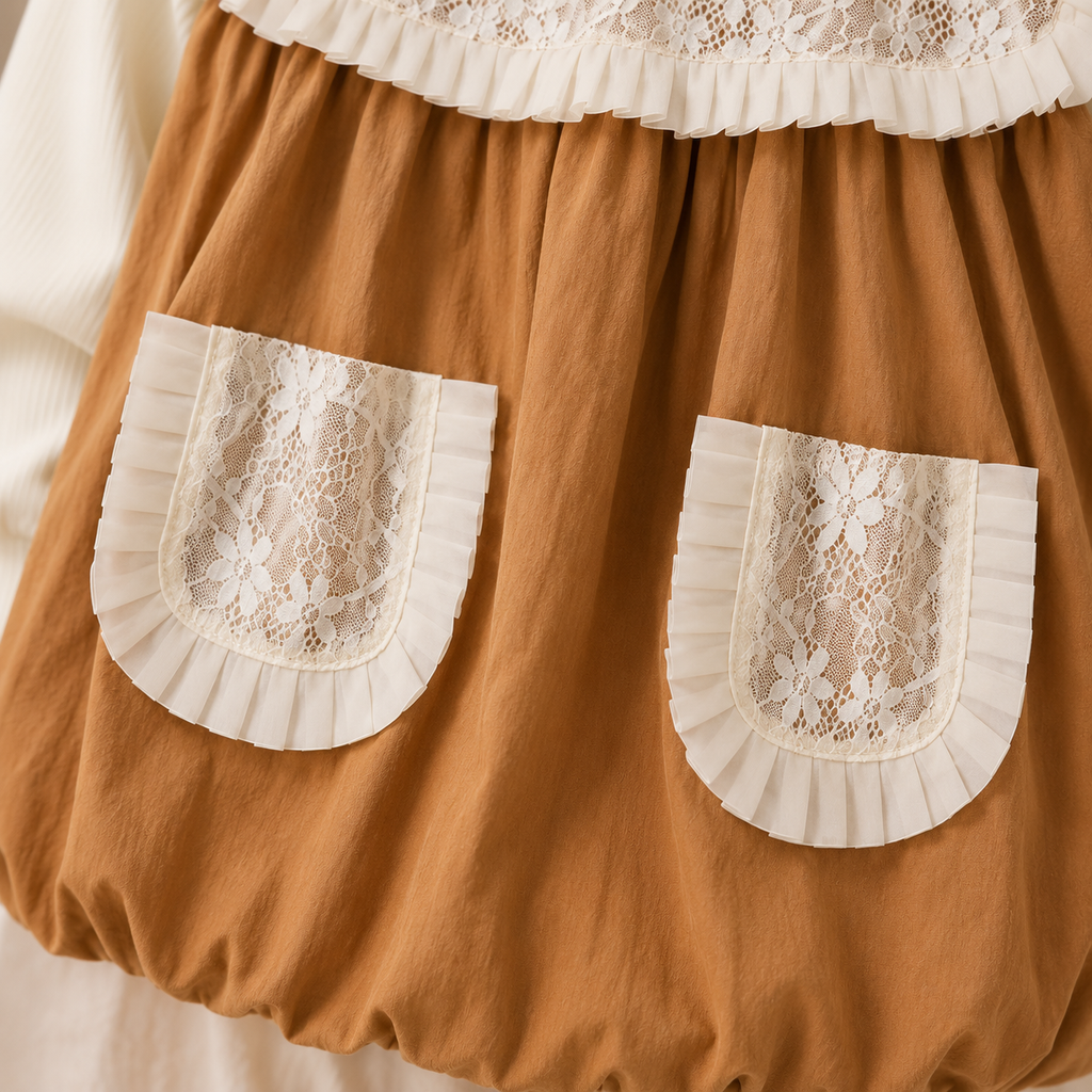 Girls premium Lace Detail pre Winters Dress – Beige & Cream