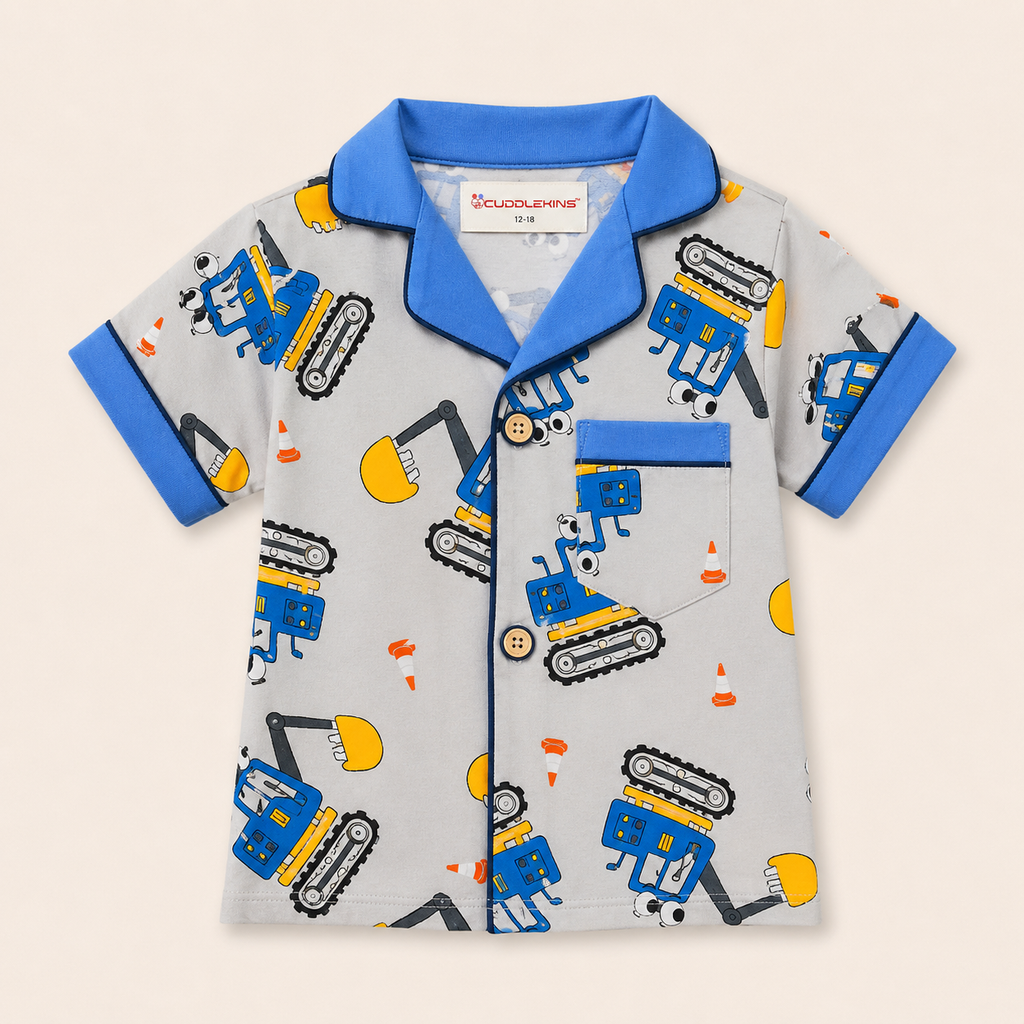 Boys Cotton Construction Vehicle Print Night Suit | Half Sleeve Shirt & Pyjama Set