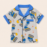 Boys Cotton Construction Vehicle Print Night Suit | Half Sleeve Shirt & Pyjama Set