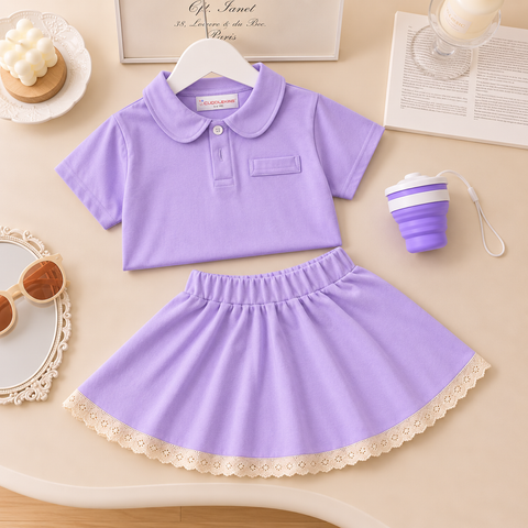 Lavender Polo T-Shirt & Skirt Co-ord Set with Free Foldable Silicone Cup