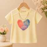 Girls Polaroid Love Cotton T-Shirt & Denim Look Shorts Co-Ord Set with Pearl Chain