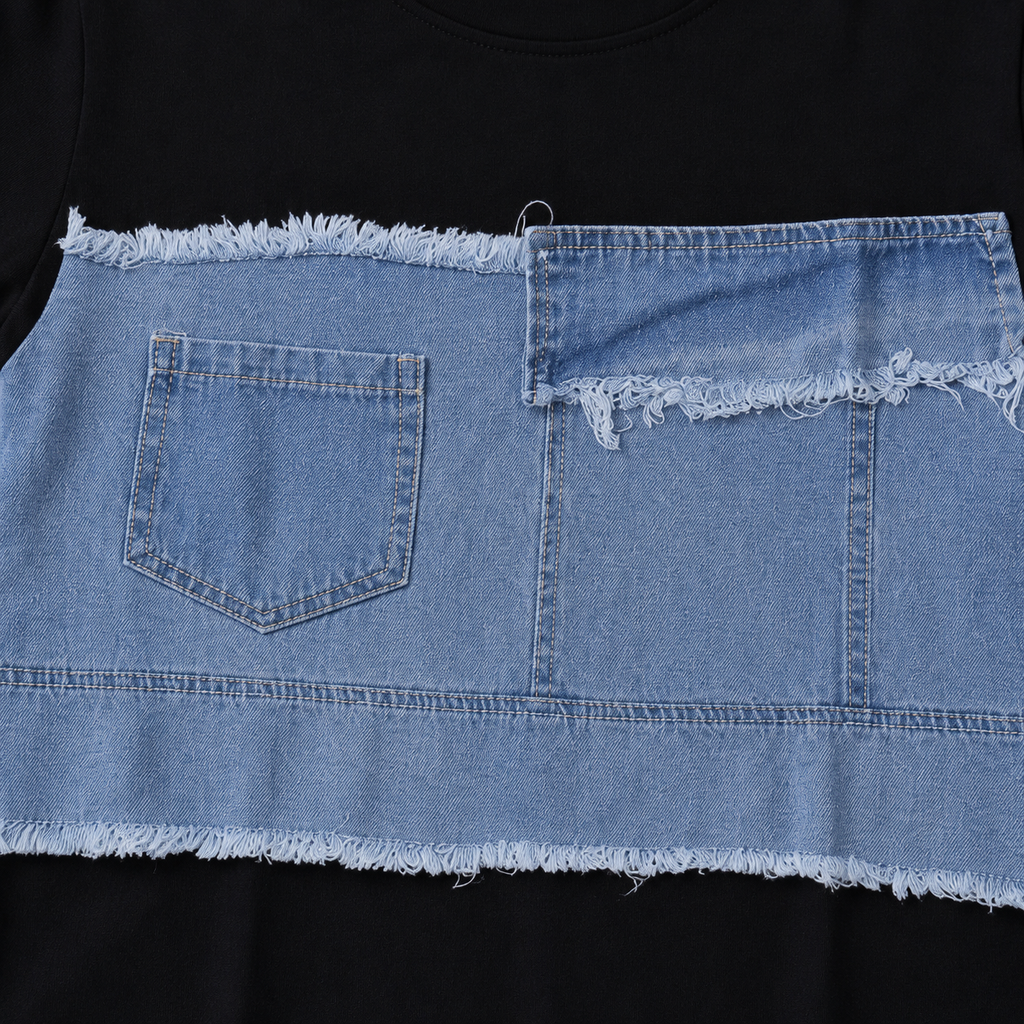 Boys Black Cotton T-Shirt with Denim Patchwork Design
