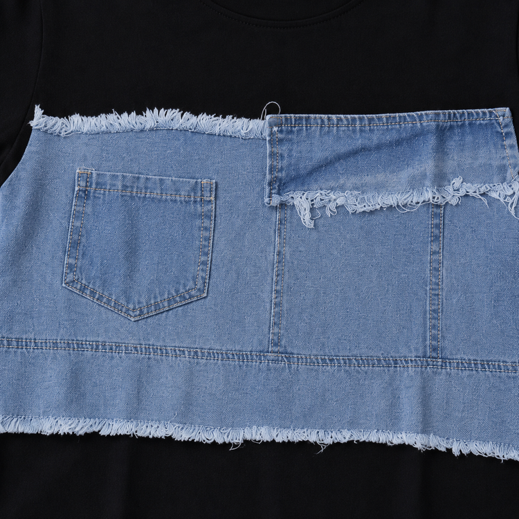 Boys Black Cotton T-Shirt with Denim Patchwork Design