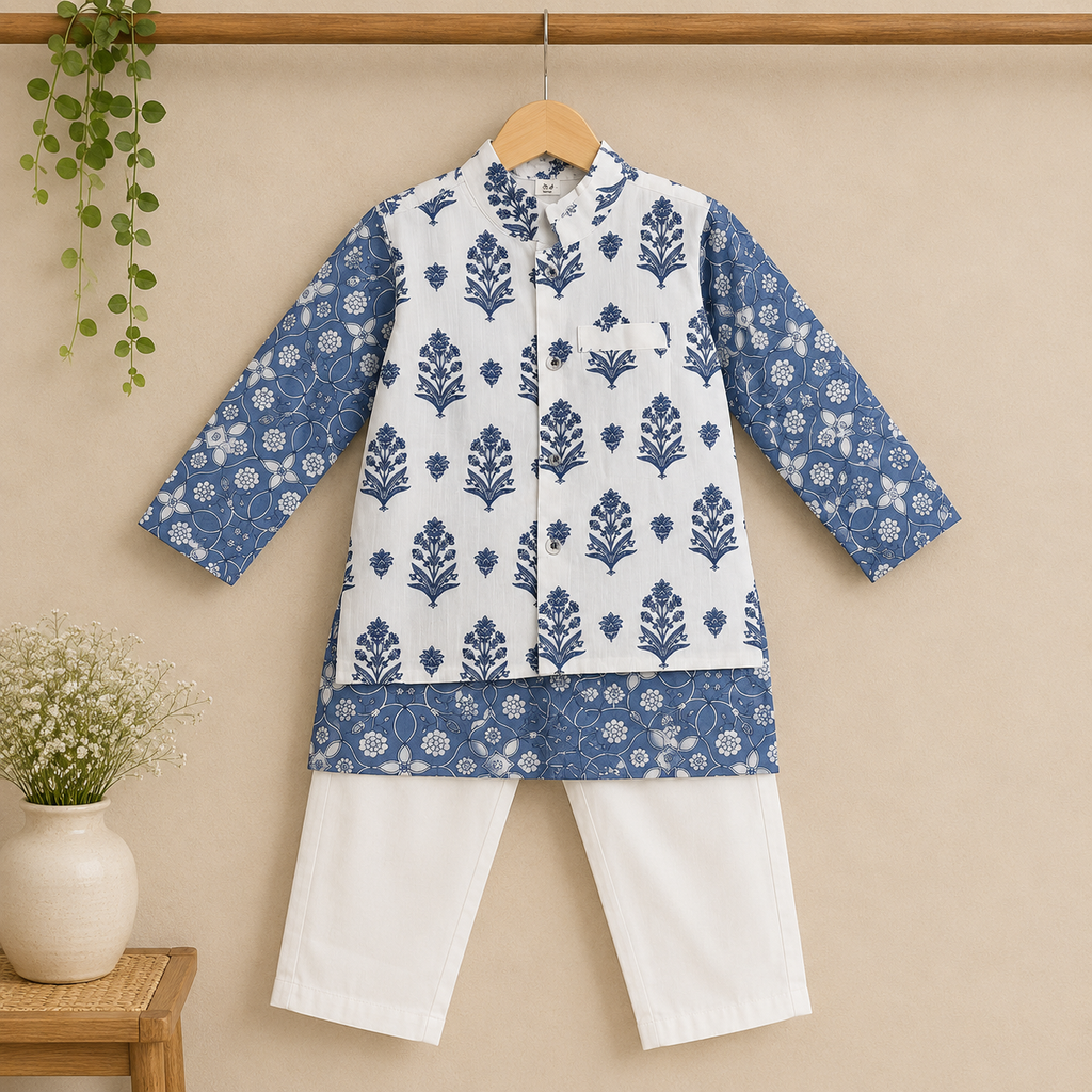 Boys Blue Floral Kurta Jacket Set with White Pants