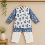 Boys Blue Floral Kurta Jacket Set with White Pants