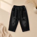 Kids Washed Black Distressed Denim Jeans with Elastic Waist