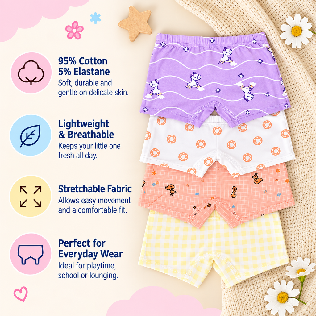 Girls Pastel Printed Boxer Underwear | Pack of 4 | Kids Innerwear