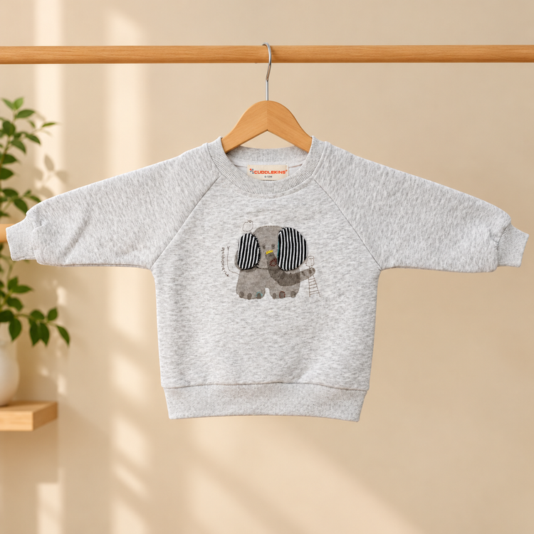 CuddleKins Boys Grey Melange Elephant Graphic Sweatshirt with Textured Ears