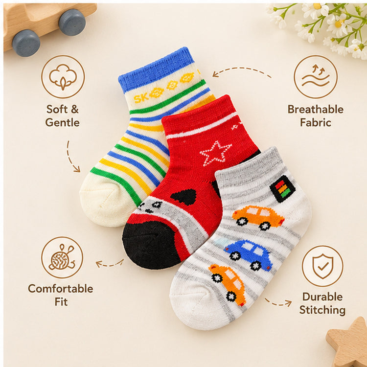 Tiny Toes by CuddleKins | Baby Boys Socks | Pack of 3 | 0–12 Months
