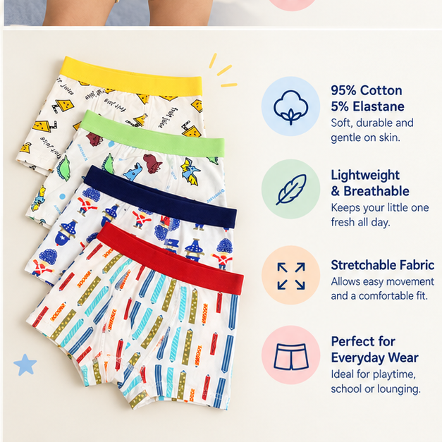 Boys Fun Printed Boxer Underwear | Pack of 4 | Kids Innerwear