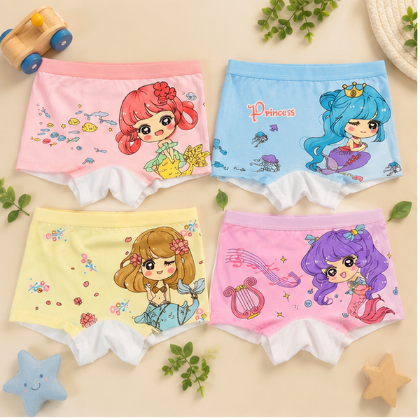 Girls Princess Cartoon Printed Boxer Underwear | Pack of 4 | Kids Innerwear