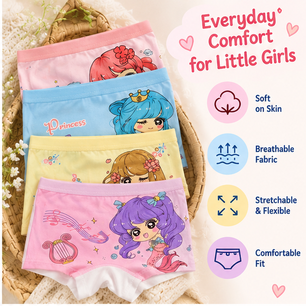 Girls Princess Cartoon Printed Boxer Underwear | Pack of 4 | Kids Innerwear